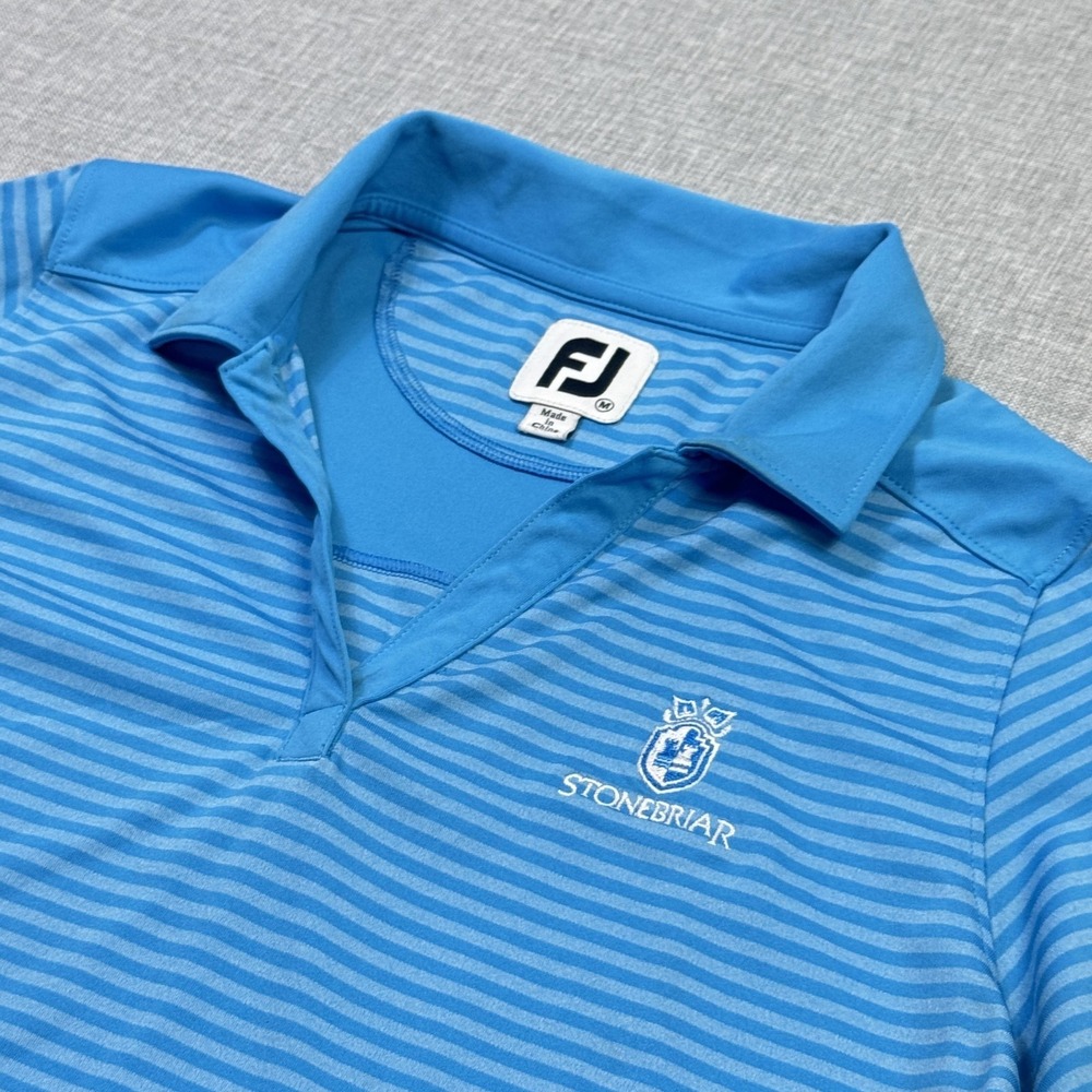 FootJoy Golf V-Neck Polo Womens Medium Blue Striped Short Sleeve Activewear